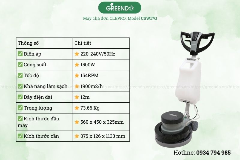 Thông số máy chà đơn CLEPRO CSW17G