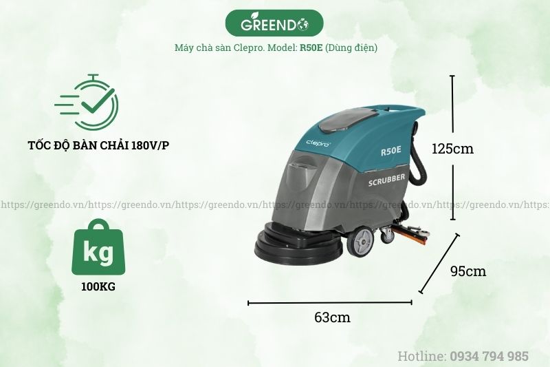 Thông số máy chà sàn liên hợp đẩy tay CLEPRO R50E (dùng điện)