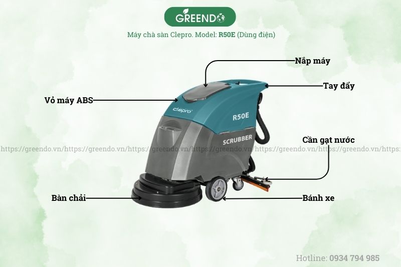 Cấu tạo máy chà sàn liên hợp đẩy tay CLEPRO R50E (dùng điện)