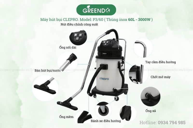 Cấu tạo máy hút bụi công nghiệp Clepro P3/60 3 motor