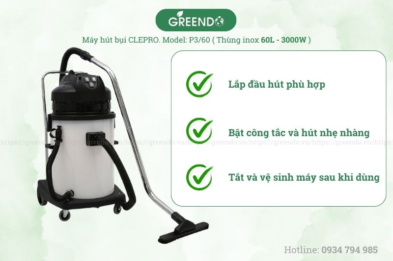 Cách dùng máy hút bụi công nghiệp Clepro P3/60